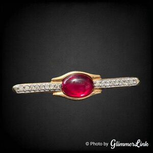 Vintage Dotty Smith Red Cabochon Rhinestones Gold Tone Unisex Bar Brooch